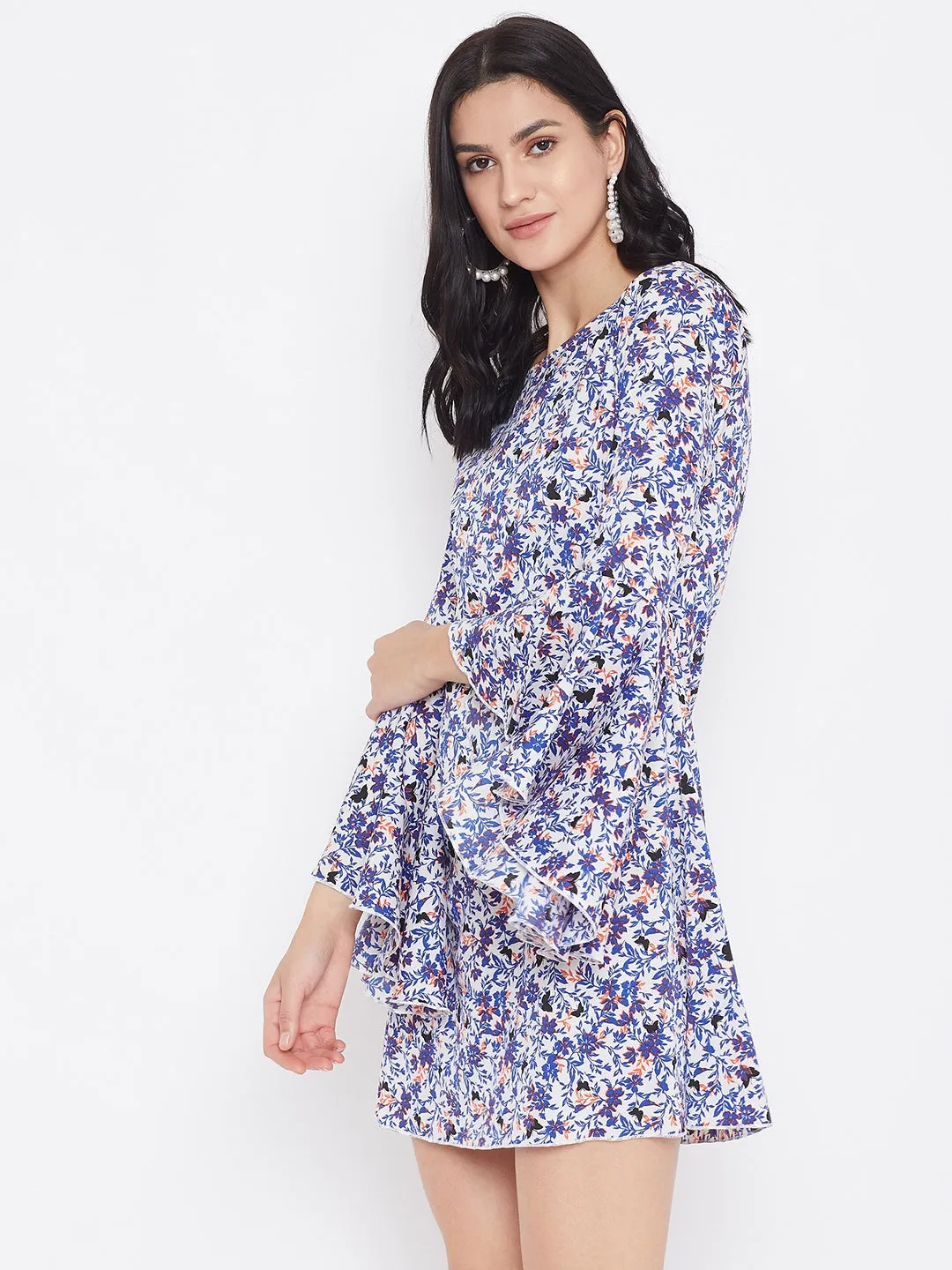 Berrylush Women White & Blue Floral Printed A-Line Mini Dress