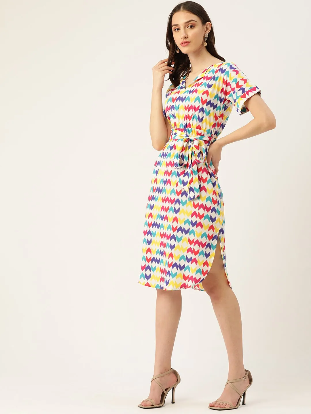 Berrylush Women White & Multicolour Geometric Printed Shirt Collar Neck Waist Tie-Up Crepe Side-Slited A-Line Midi Dress