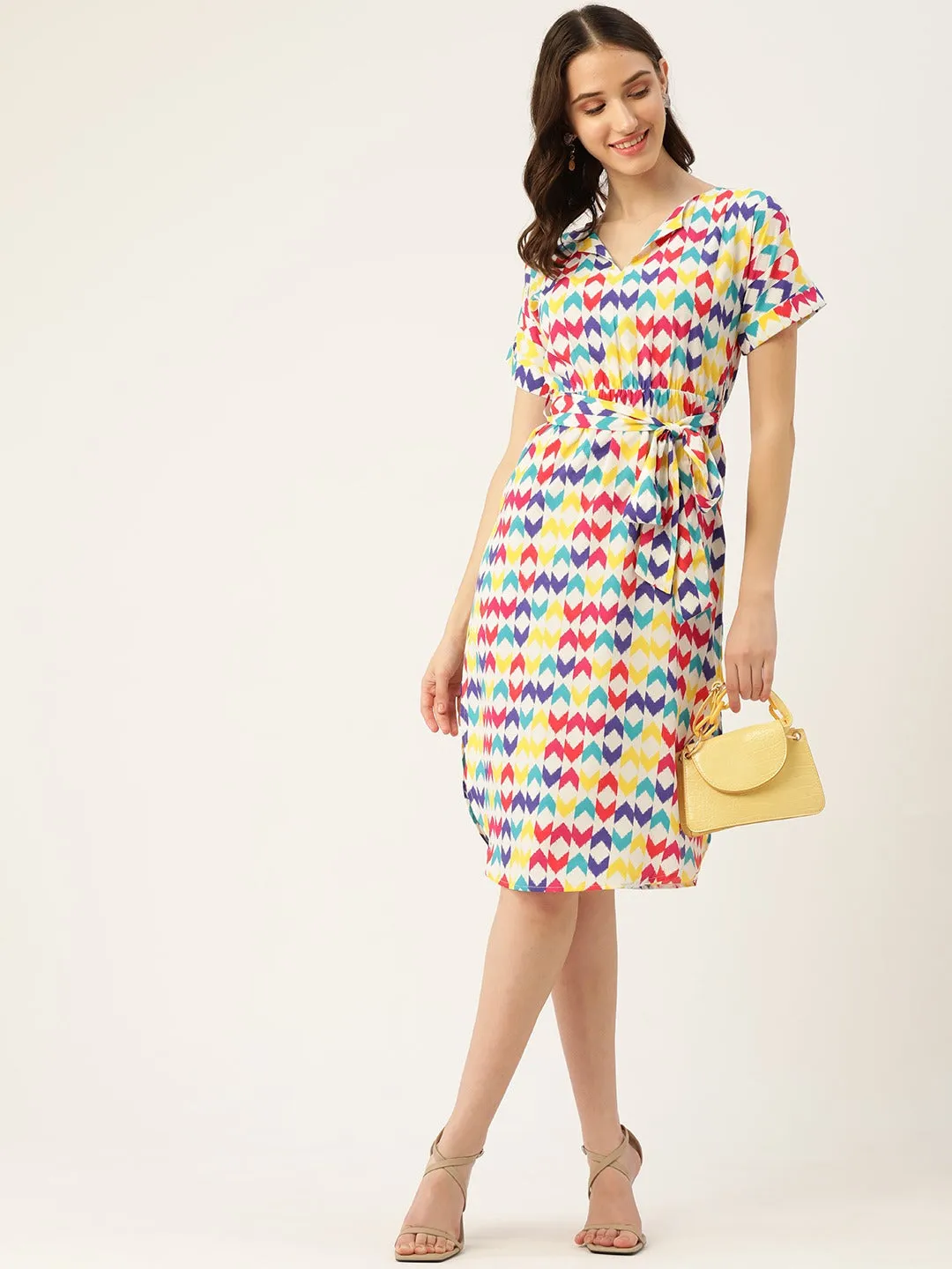 Berrylush Women White & Multicolour Geometric Printed Shirt Collar Neck Waist Tie-Up Crepe Side-Slited A-Line Midi Dress