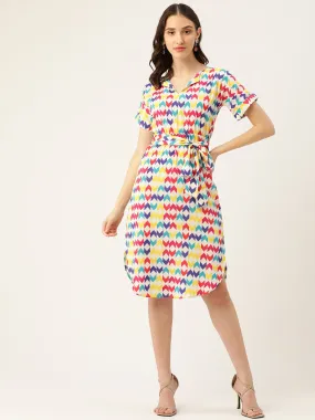 Berrylush Women White & Multicolour Geometric Printed Shirt Collar Neck Waist Tie-Up Crepe Side-Slited A-Line Midi Dress