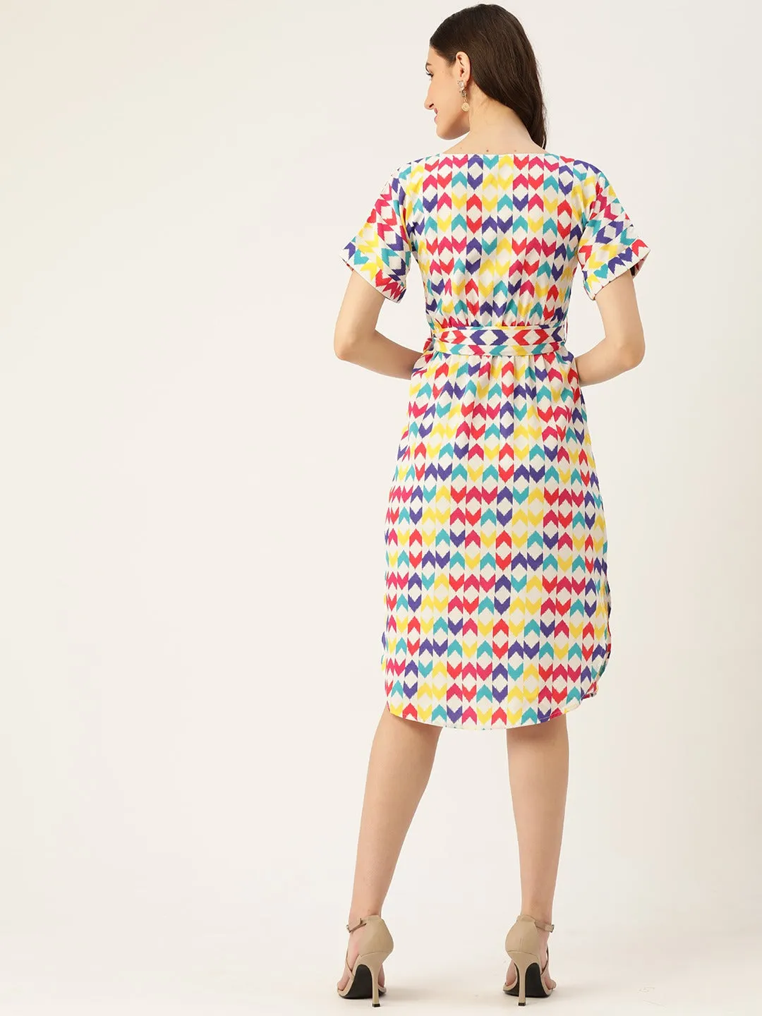 Berrylush Women White & Multicolour Geometric Printed Shirt Collar Neck Waist Tie-Up Crepe Side-Slited A-Line Midi Dress