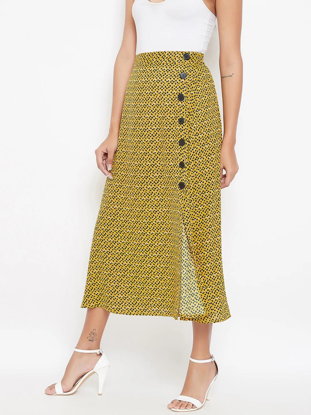 Berrylush Women Yellow & Black Animal Printed Front Slit A-Line Midi Skirt