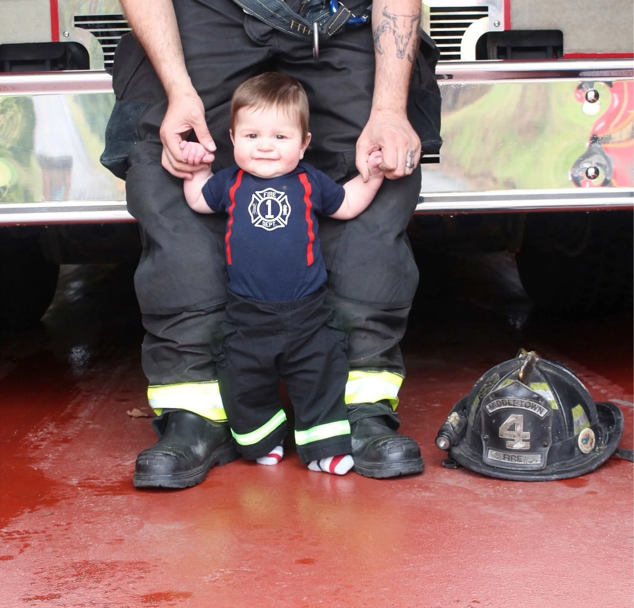 BIRTHDAY Firefighter Personalized BLACK 2PC Baby Outfit