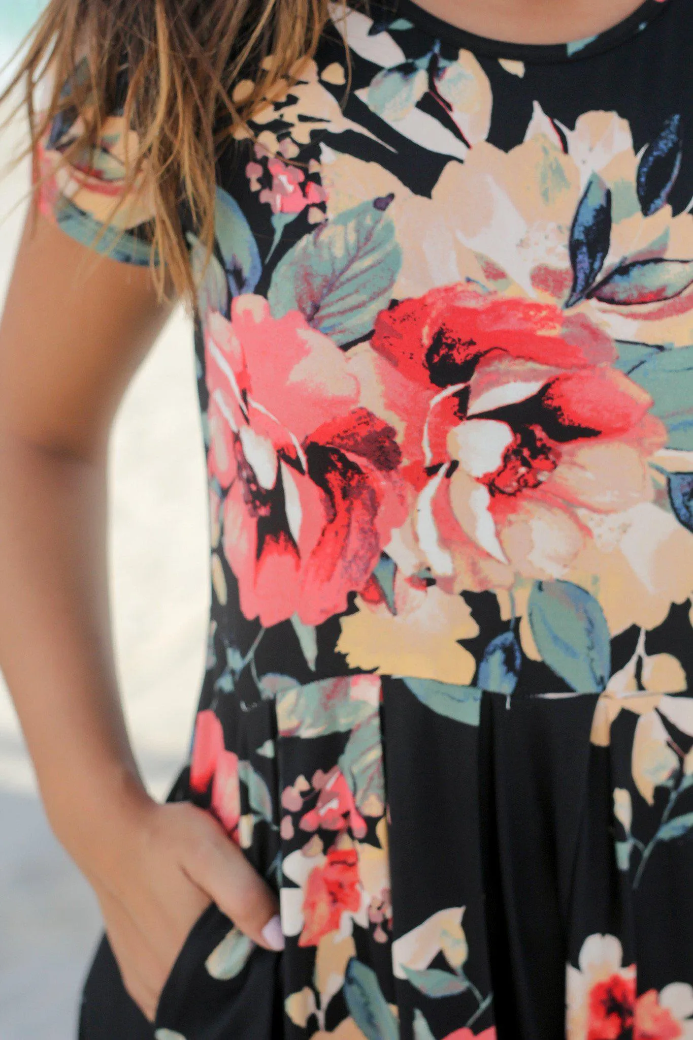 Black Floral Midi Dress with Pleats