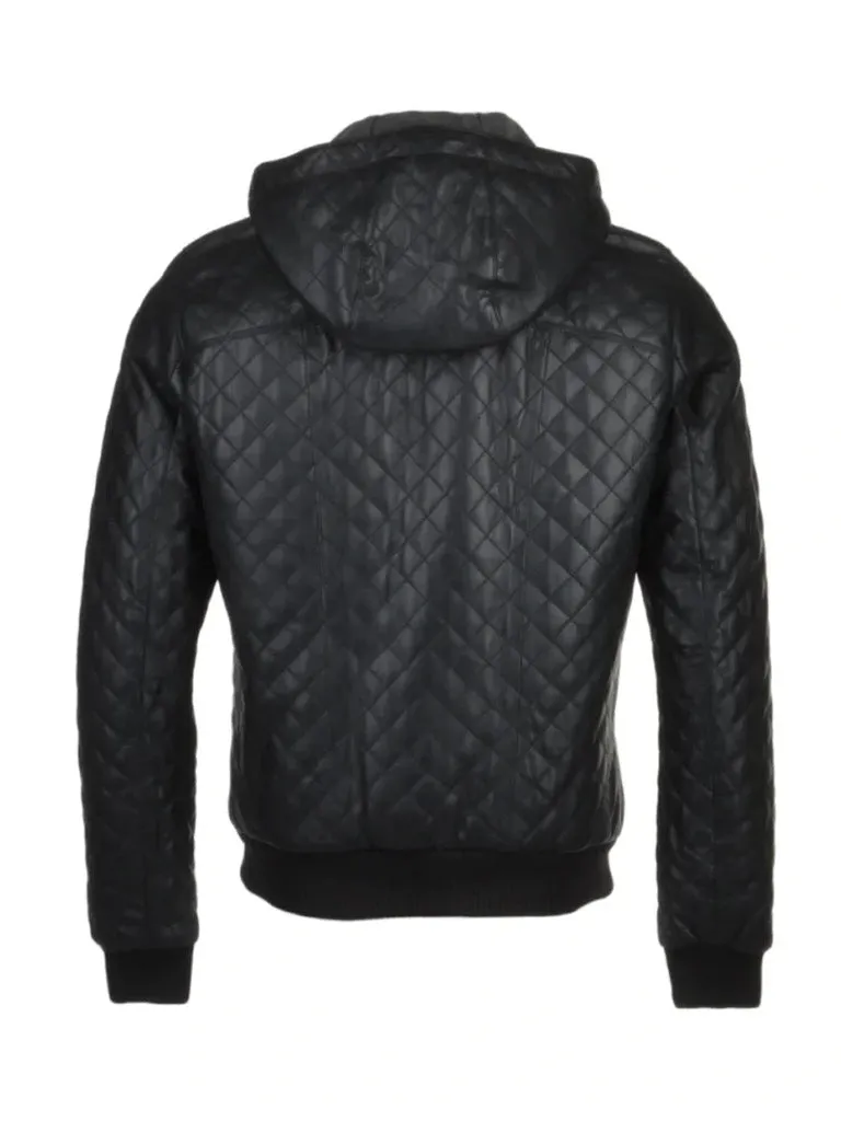 Black hooded bomber Quilted Leather Jacket