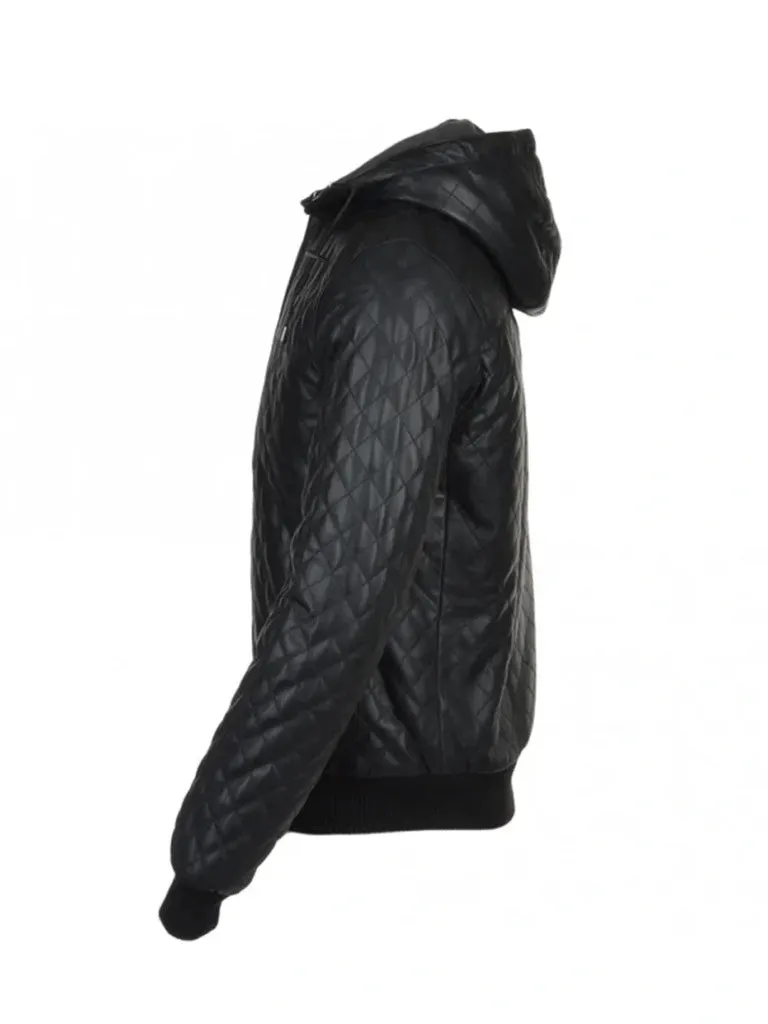 Black hooded bomber Quilted Leather Jacket