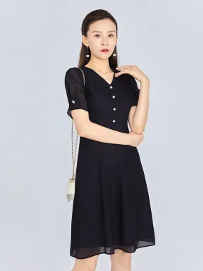 Black Lace Sleeve V Neck Pearl Dress