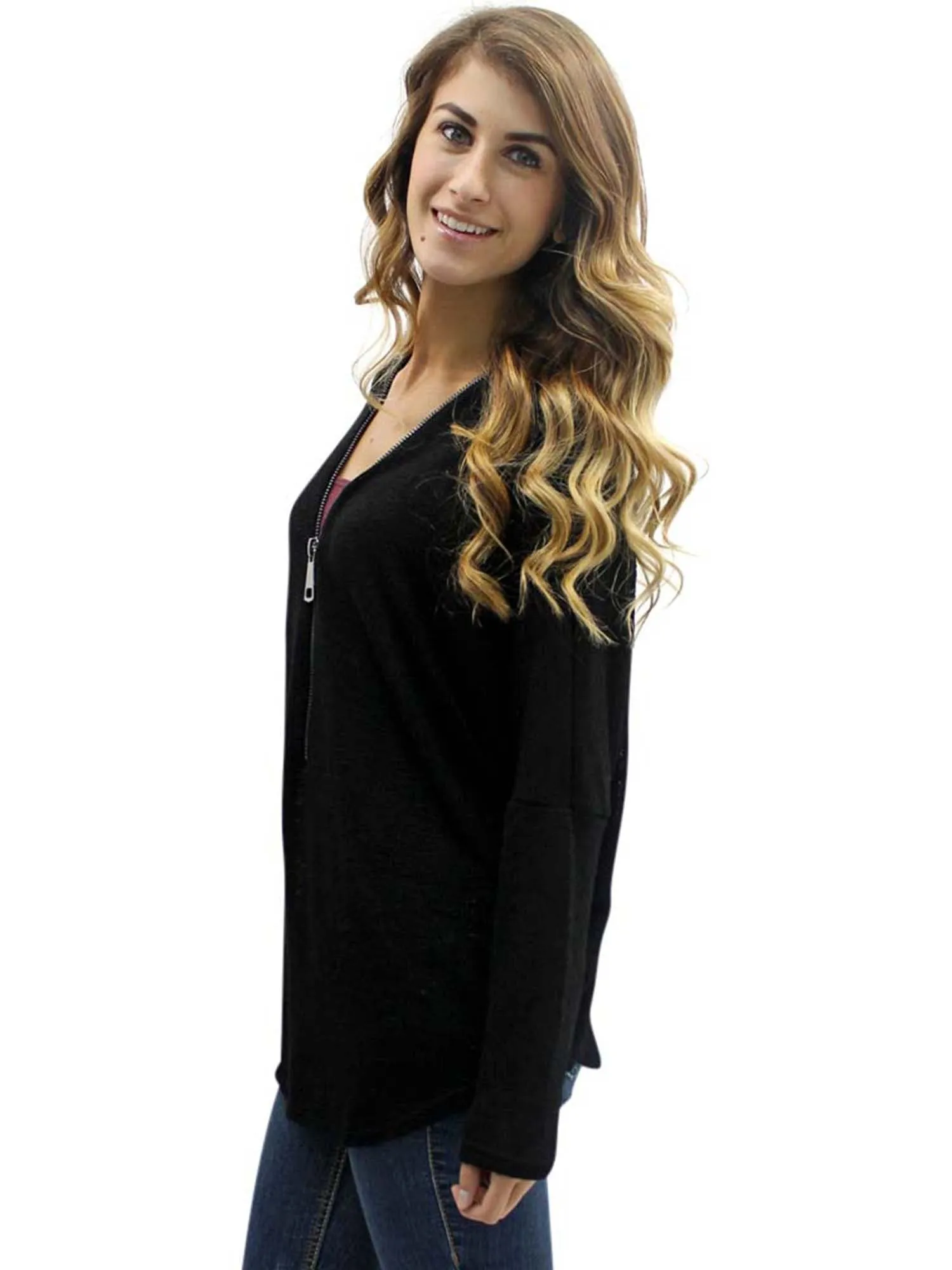 Black Sheer Zip-Up Long Sleeve Sweater Blouse Size Medium