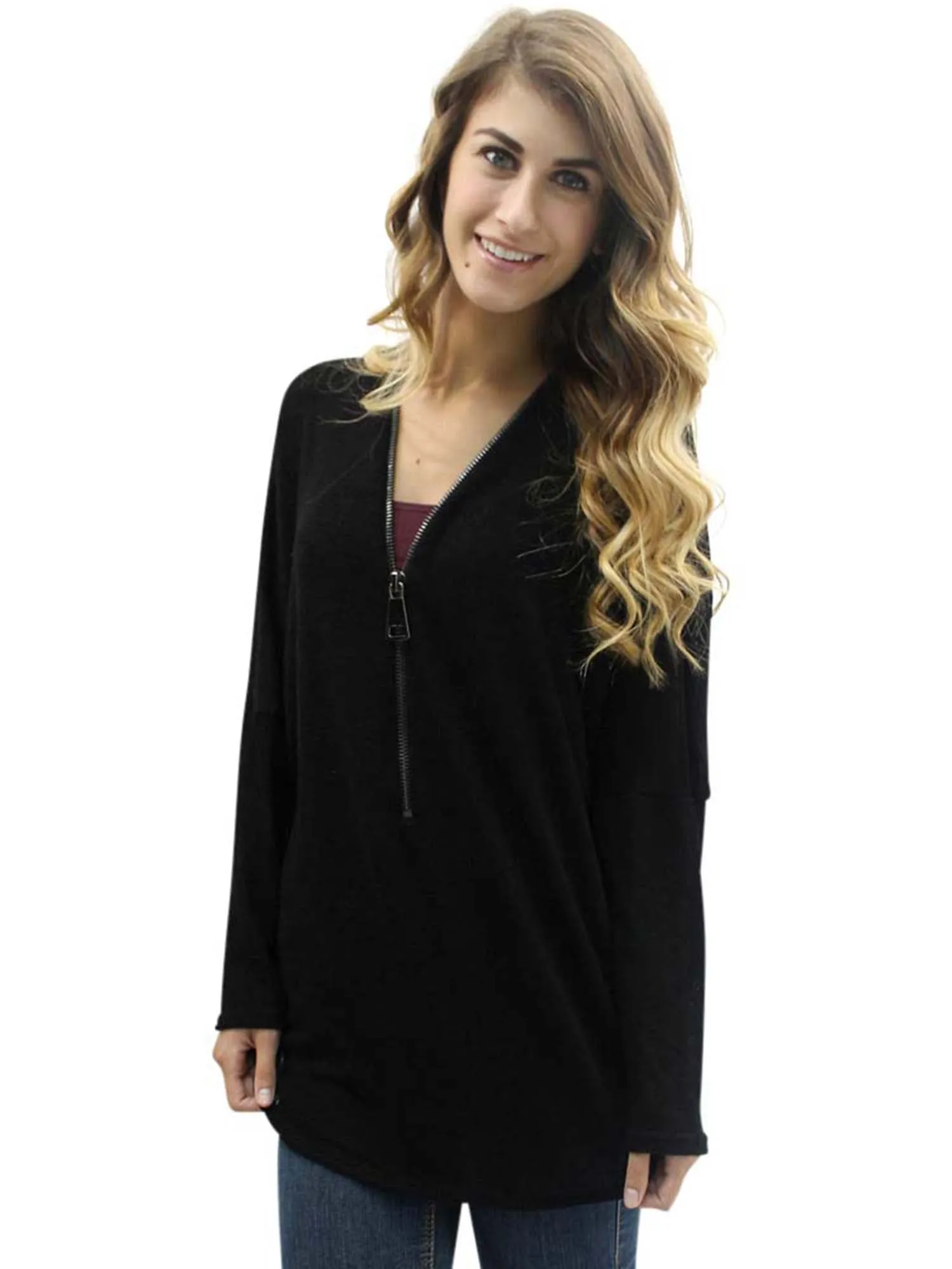 Black Sheer Zip-Up Long Sleeve Sweater Blouse Size Medium