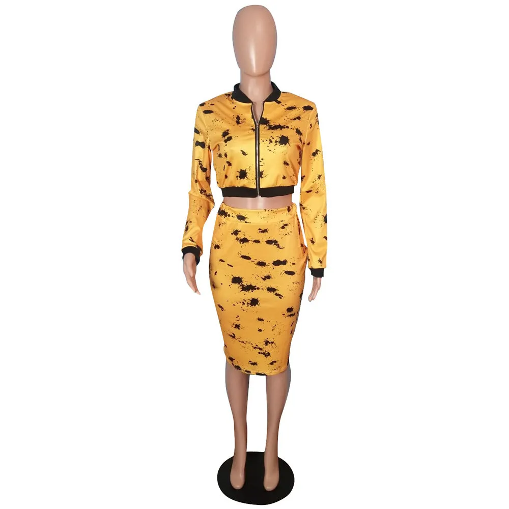 Black/Yellow Jacket & Midi Skirts Set