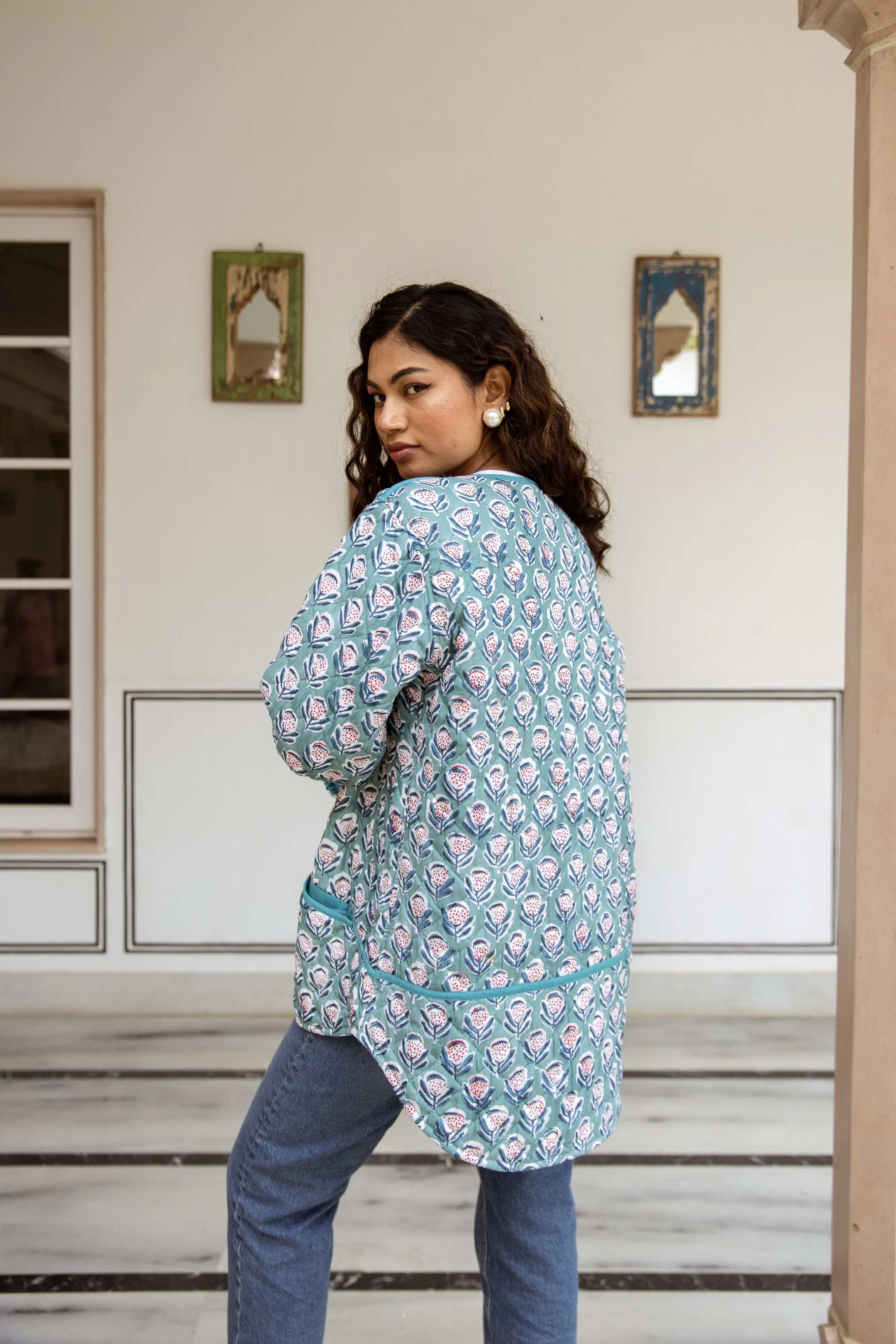 Block Print Quilted Jacket - Blue