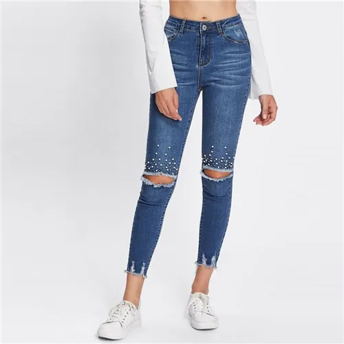 Blue Casual Pearl Beading Ripped Casual Denim Jeans Autumn Streetwear Mid Waist Jeans Female Stretchy Pants