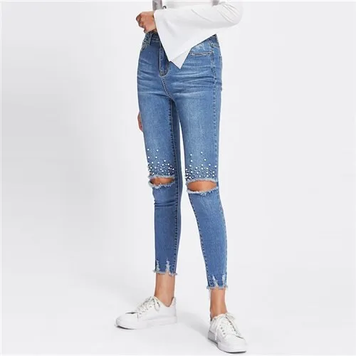 Blue Casual Pearl Beading Ripped Casual Denim Jeans Autumn Streetwear Mid Waist Jeans Female Stretchy Pants