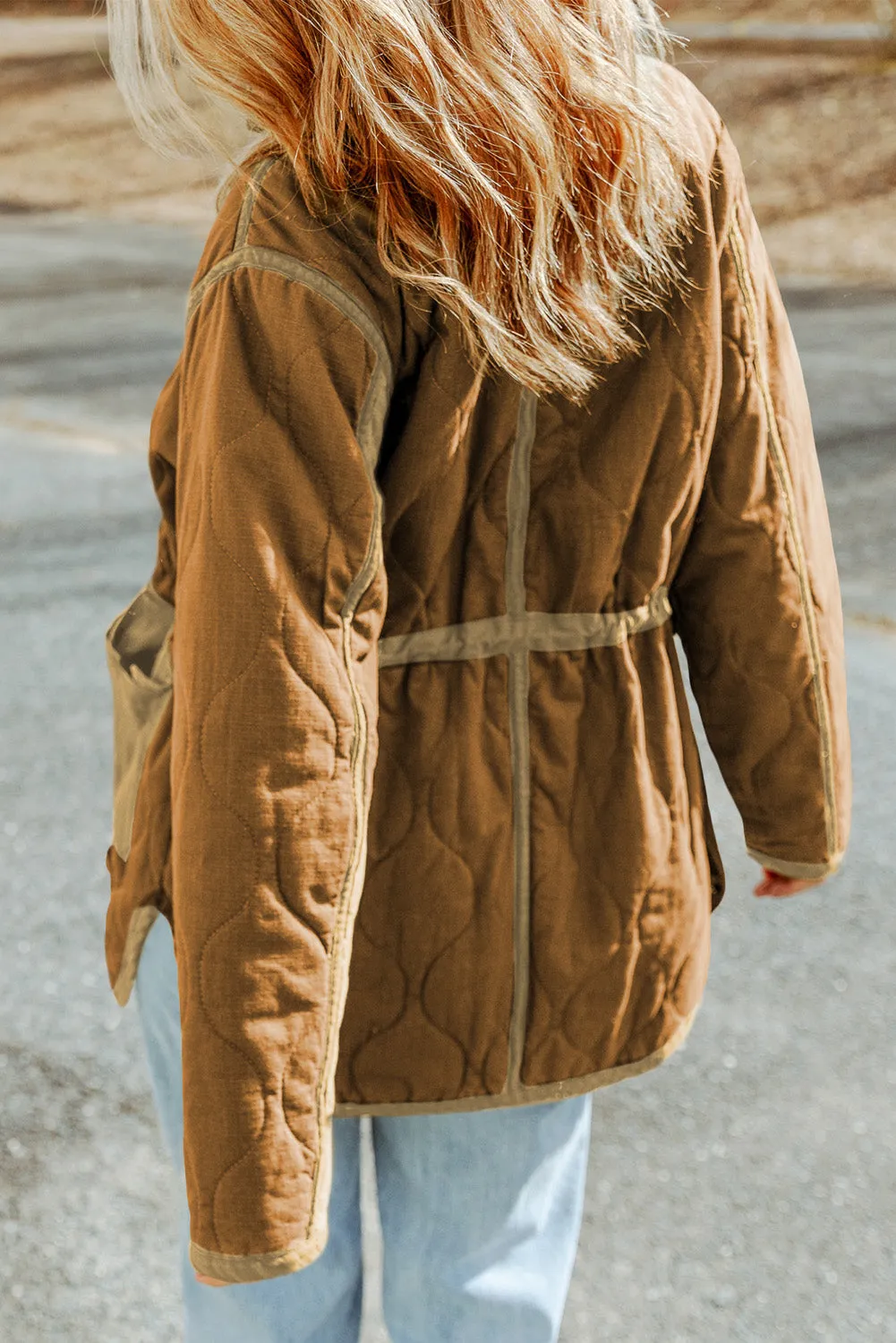 Brown Stitching Quilted Drawstring Jacket