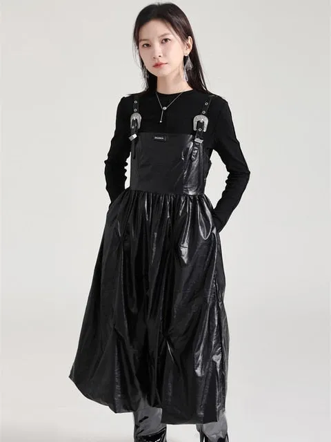 Bukle Vegan Leather Overall Dress - Black