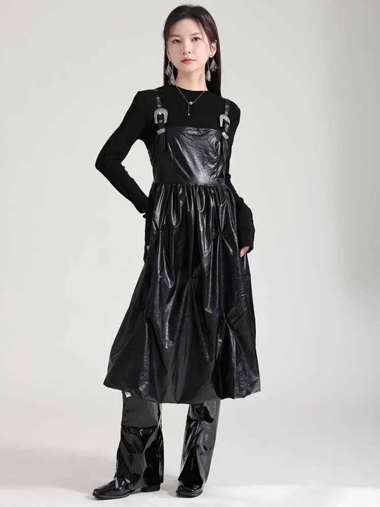 Bukle Vegan Leather Overall Dress - Black