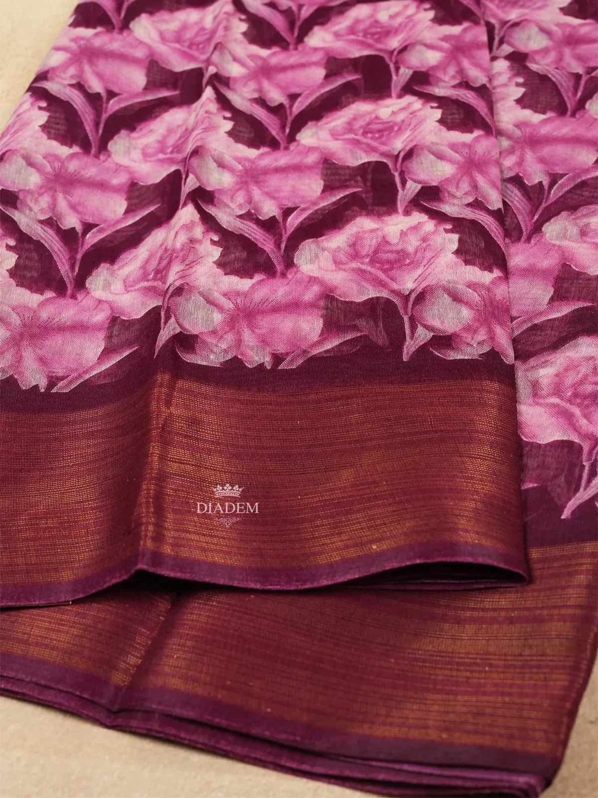 Burgundy Linen Cotton Saree With Floral Designs On the Body with Matching Border