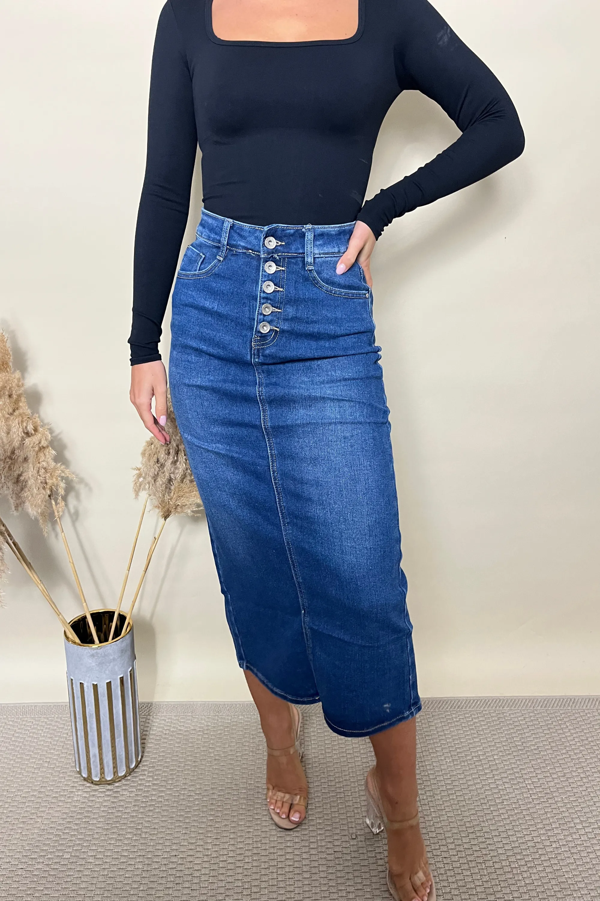 Button Front Denim Midi Skirt