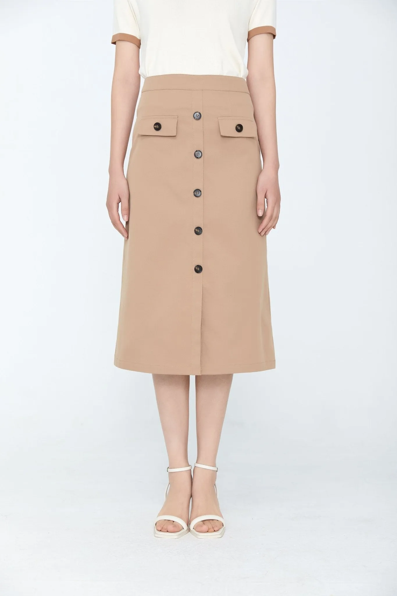 Camel Midi Skirt With Button A Shape