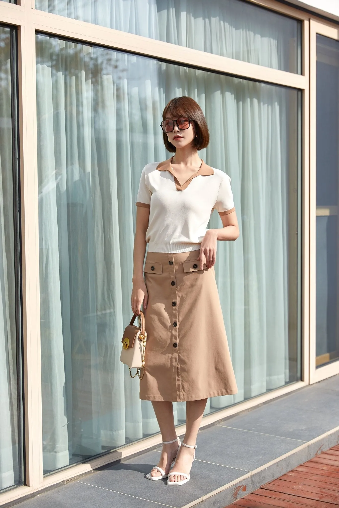 Camel Midi Skirt With Button A Shape