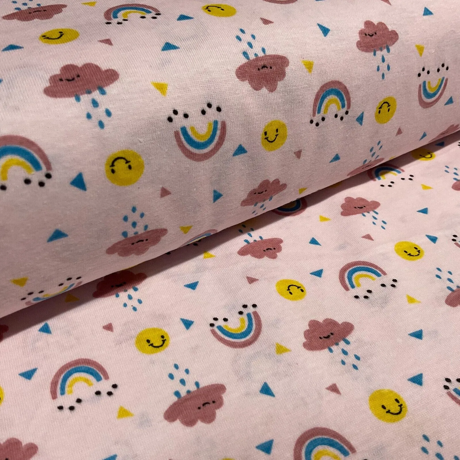 Children's Happy Rainbow Cloud cotton stretch jersey novelty dress fabric M1714