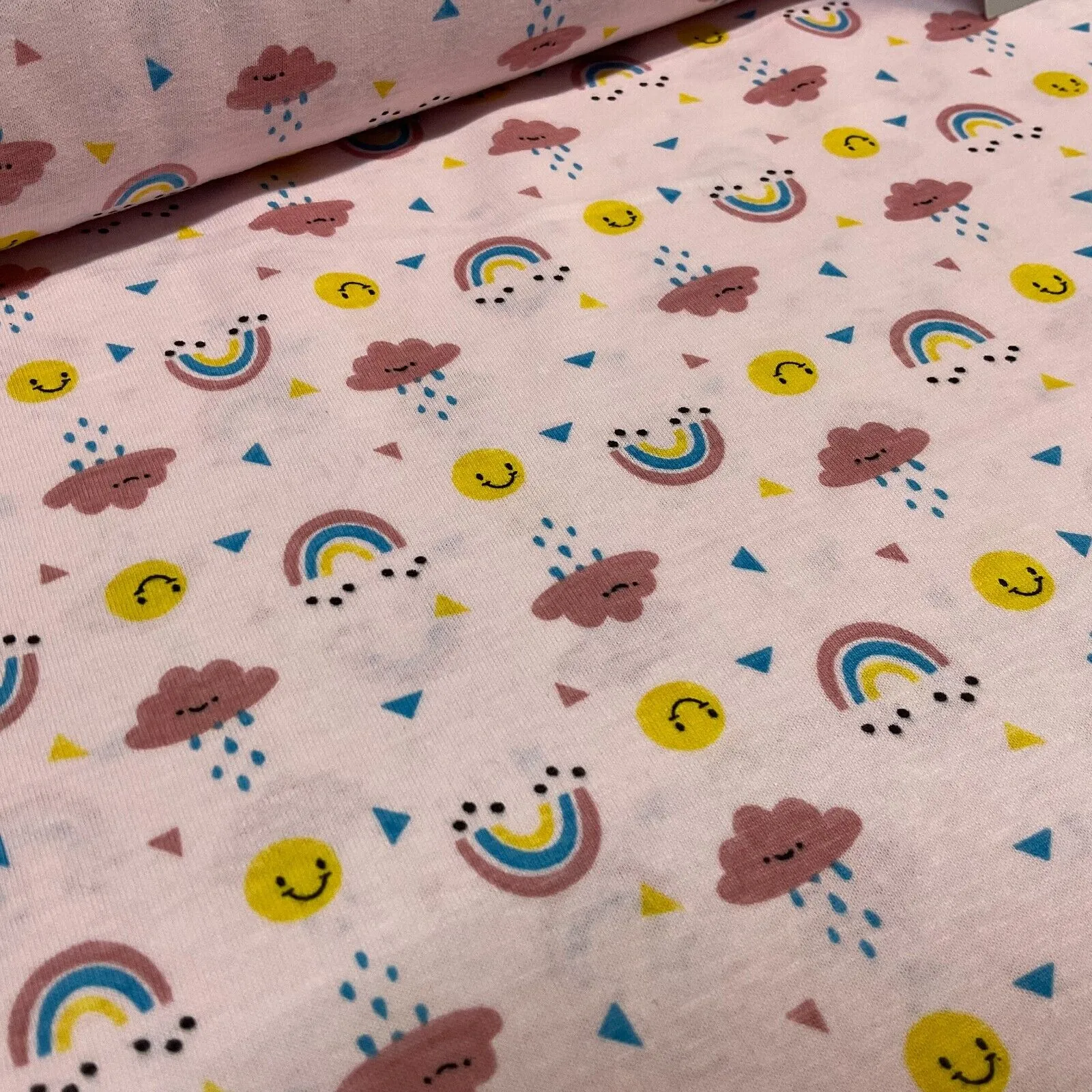 Children's Happy Rainbow Cloud cotton stretch jersey novelty dress fabric M1714