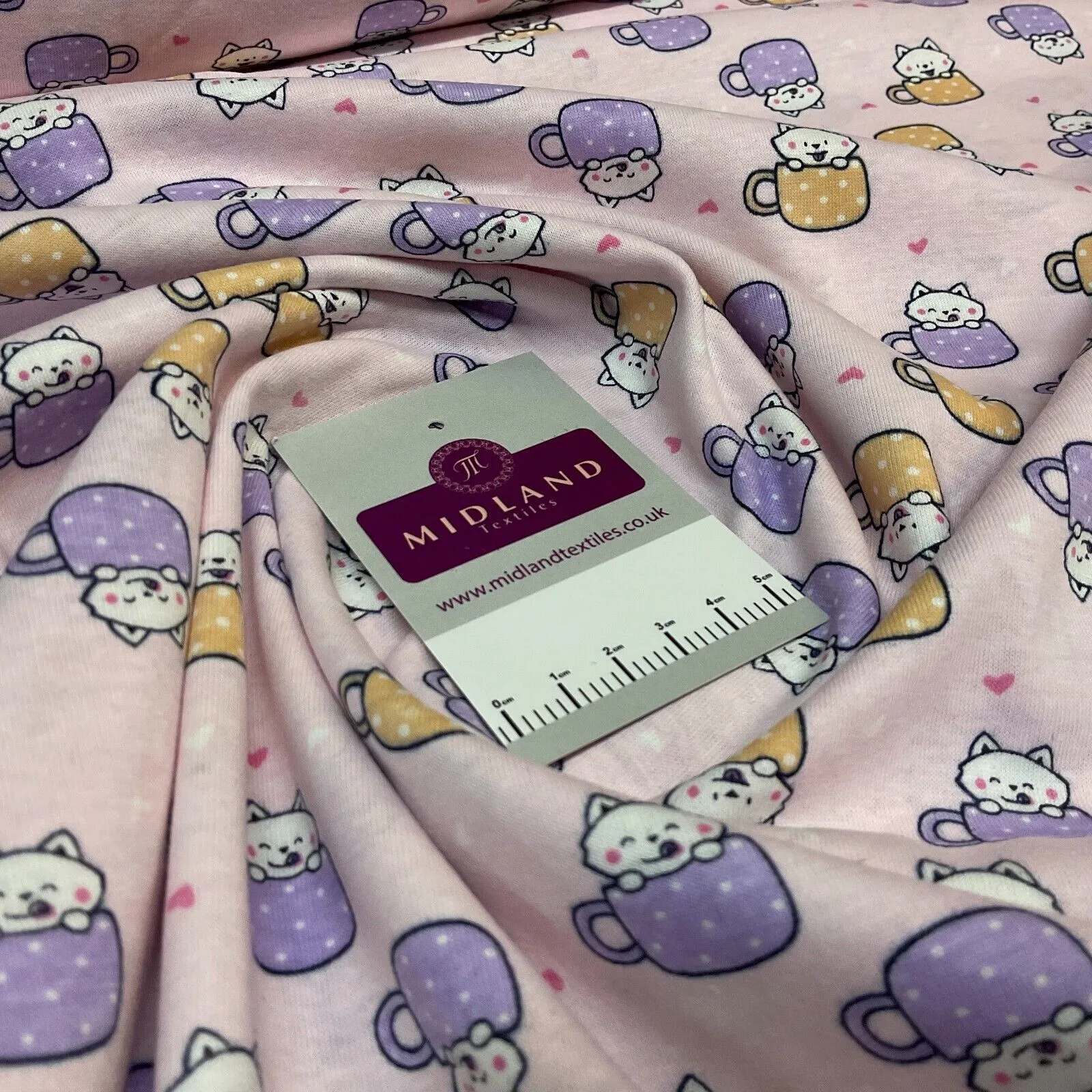 Children's Kitten Kitty Cup cotton stretch jersey novelty dress fabric M1716