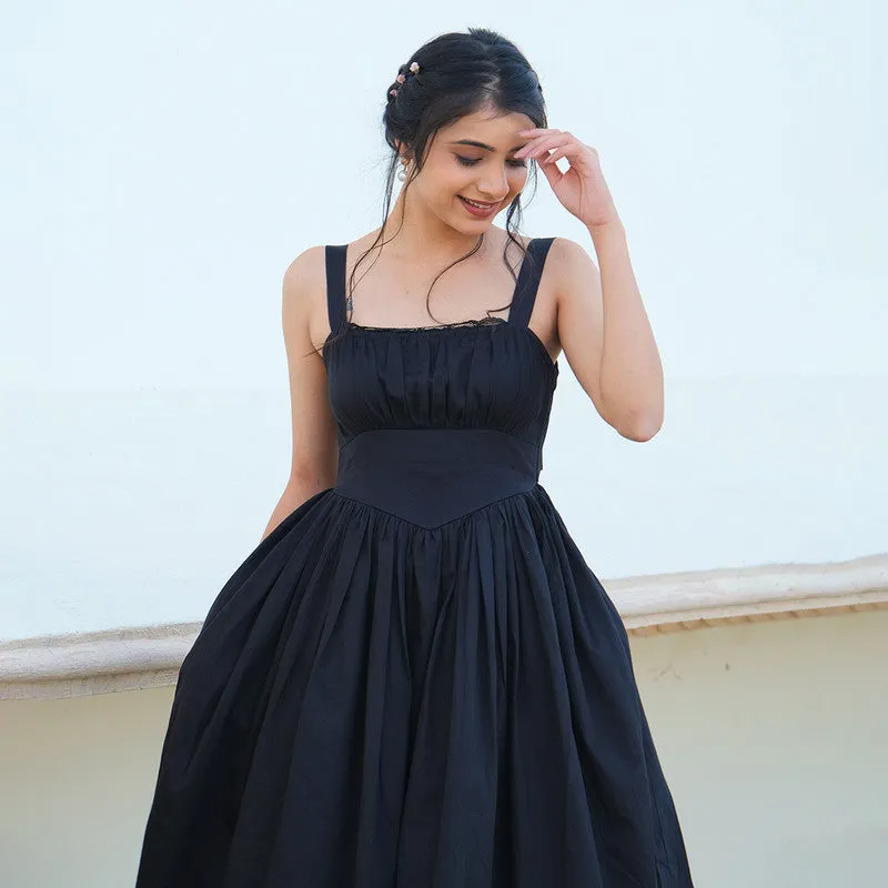 Cotton Midi Dress For Women | Twirling Skirt | Black