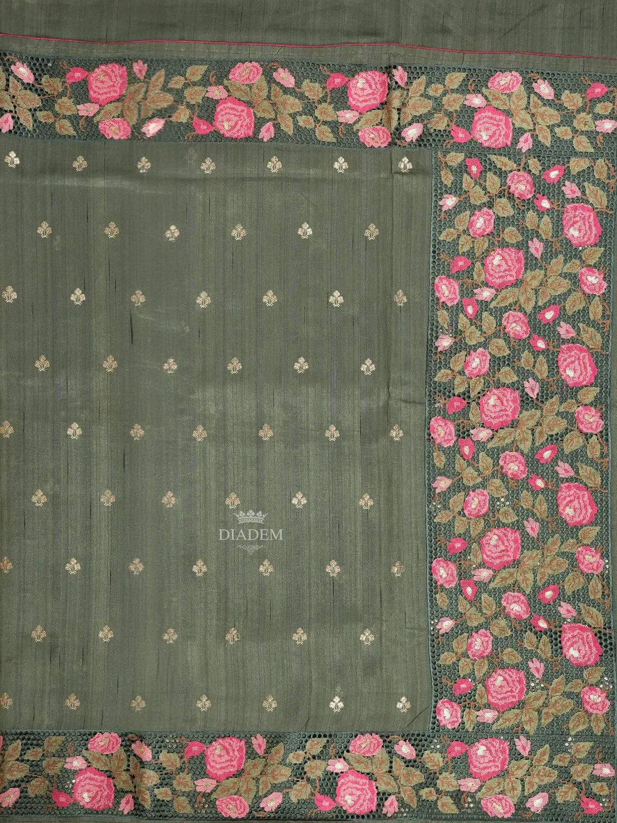 Dark green Tussar Silk Saree with Floral Designs on the Body and with Designed Border