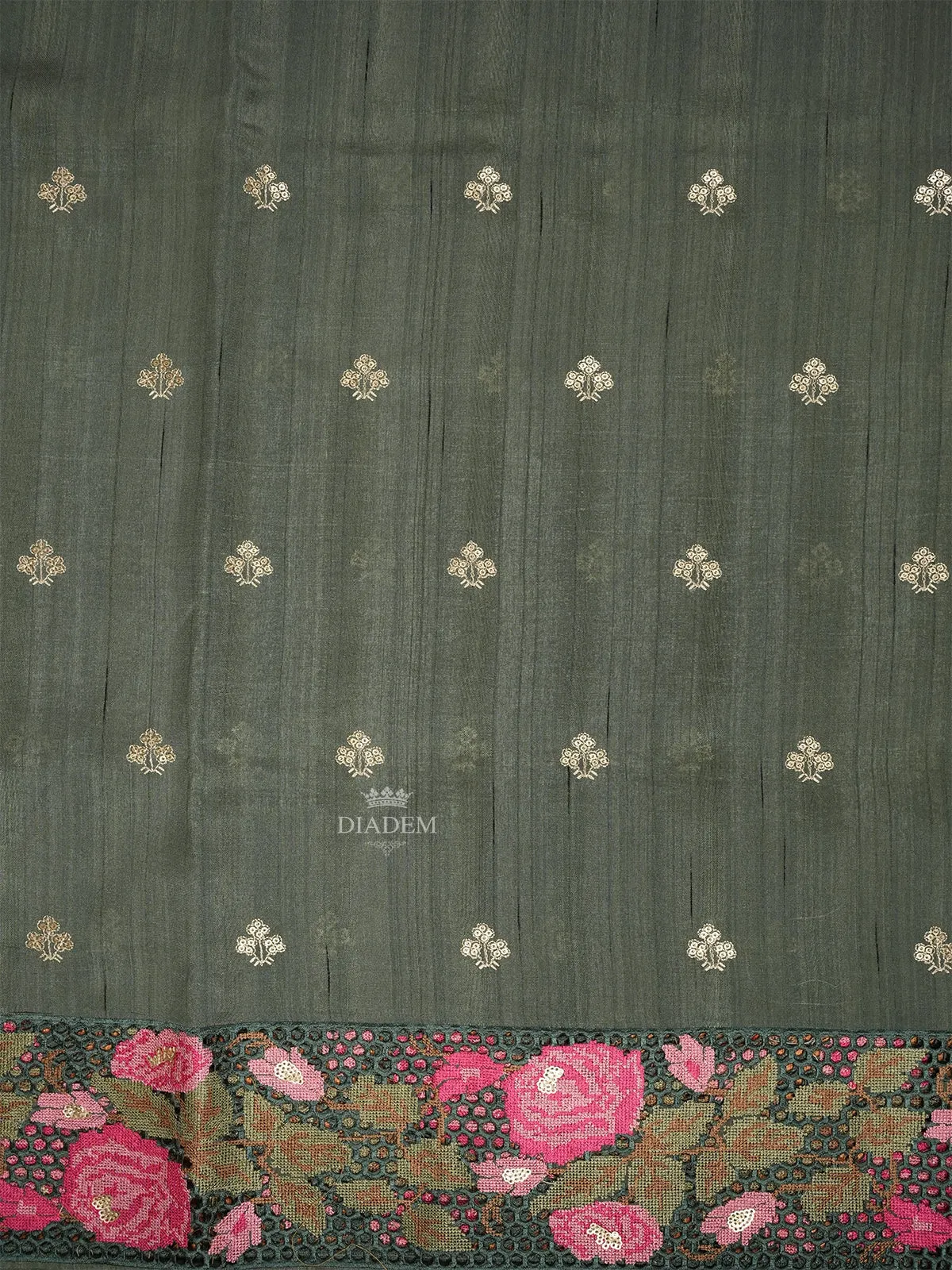 Dark green Tussar Silk Saree with Floral Designs on the Body and with Designed Border