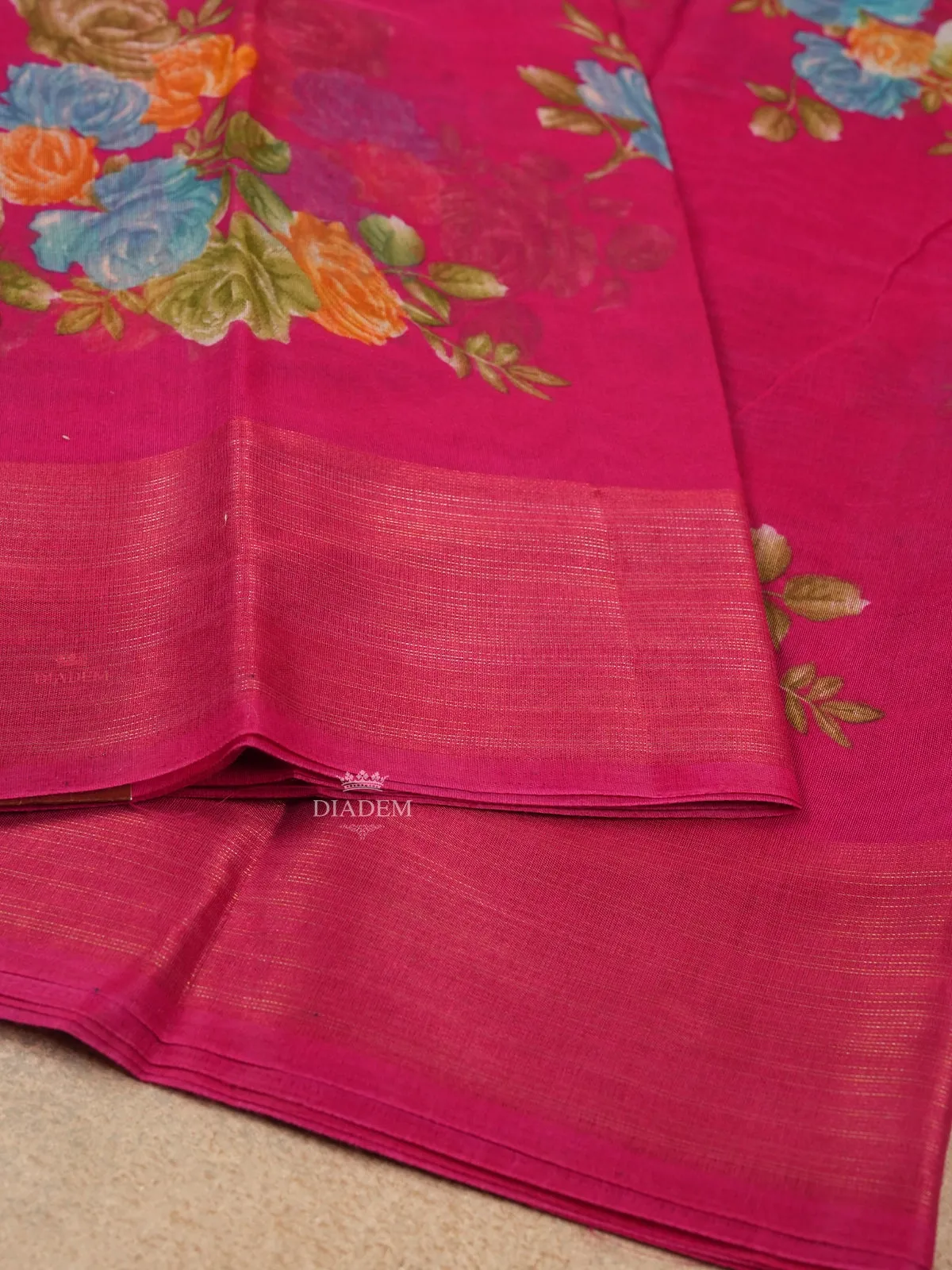 Dark Pink Linen Cotton Saree With Floral Designs On the Body with Matching Border