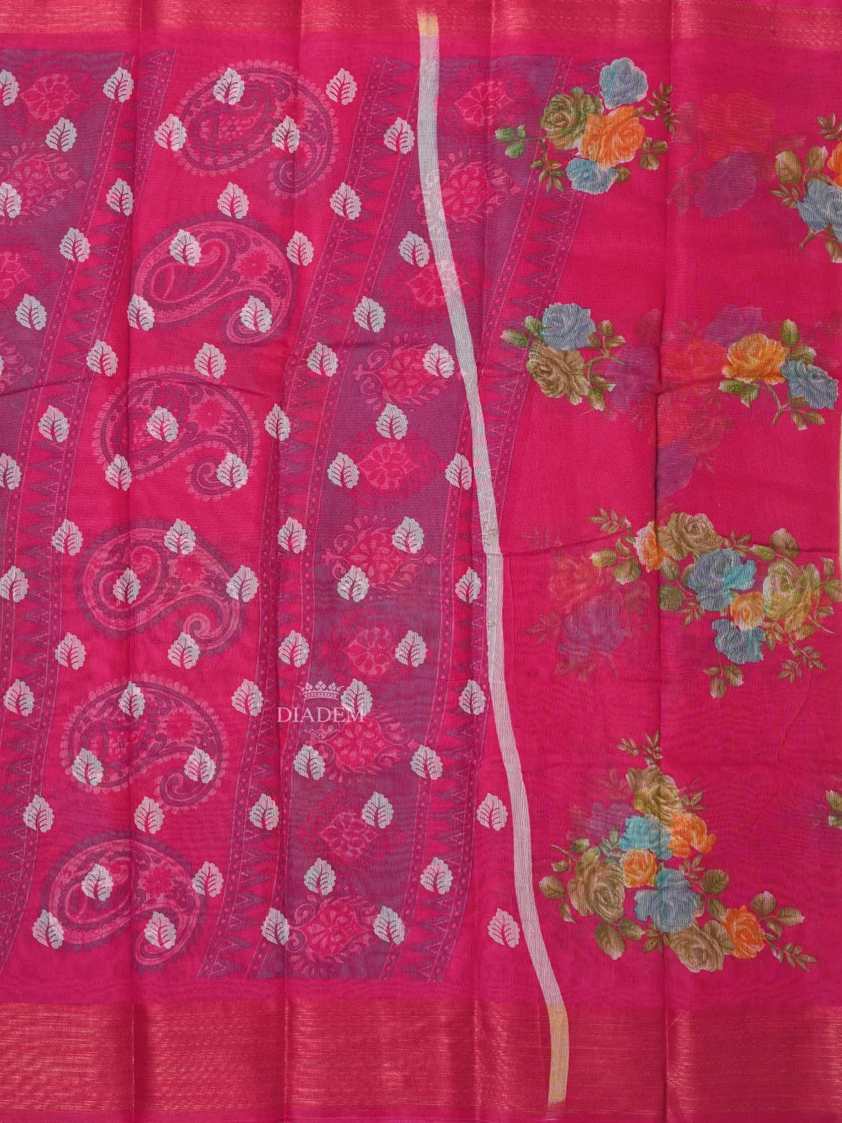 Dark Pink Linen Cotton Saree With Floral Designs On the Body with Matching Border