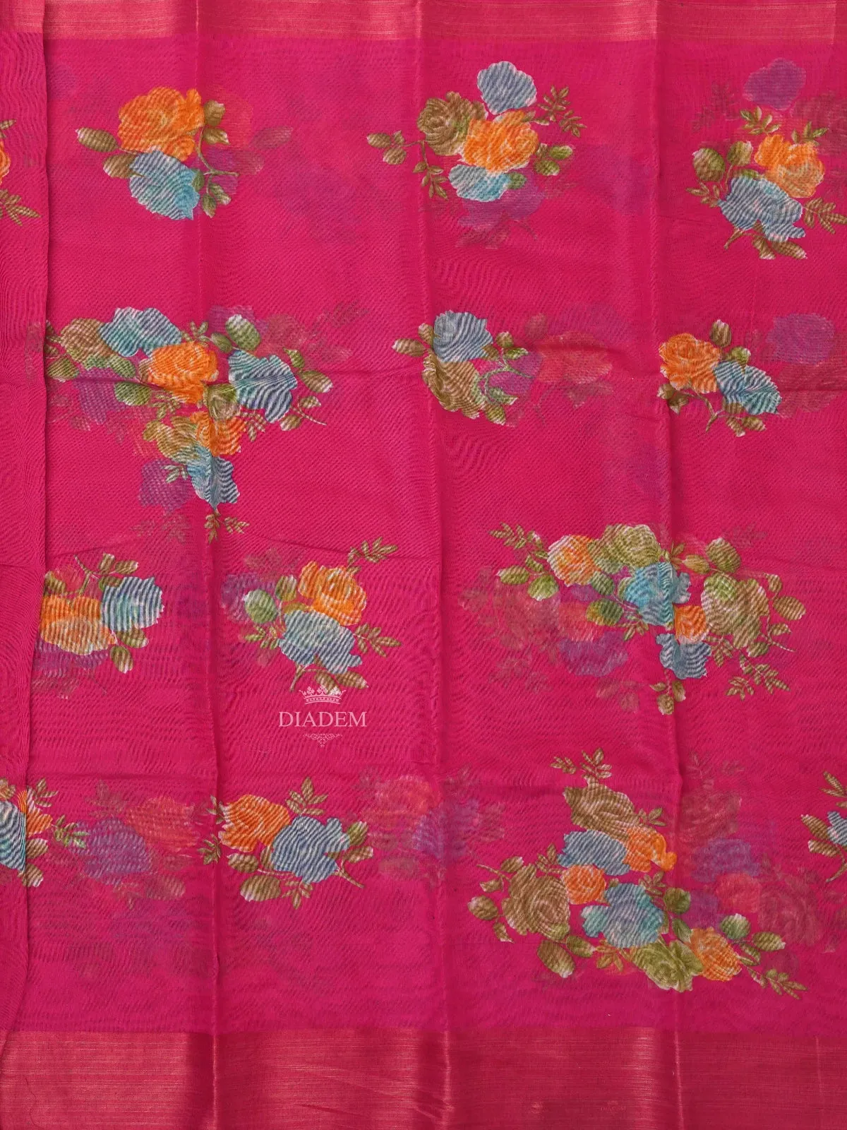 Dark Pink Linen Cotton Saree With Floral Designs On the Body with Matching Border