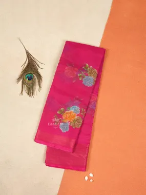 Dark Pink Linen Cotton Saree With Floral Designs On the Body with Matching Border