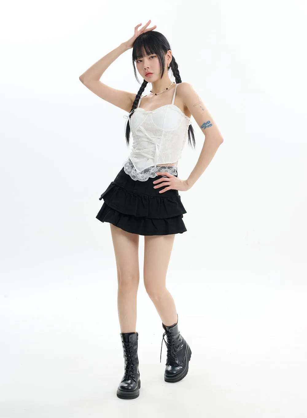 Denim Fringe Layered Mini Skirt IF413