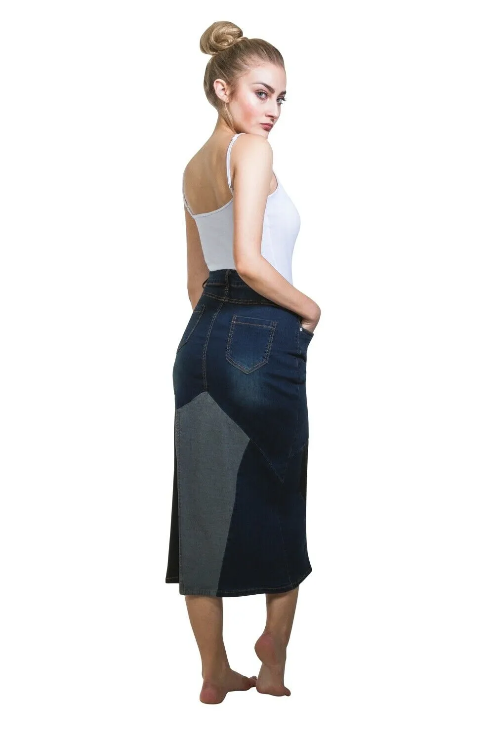 Denim Midi Skirt with stretch - Multi Coloured Denim