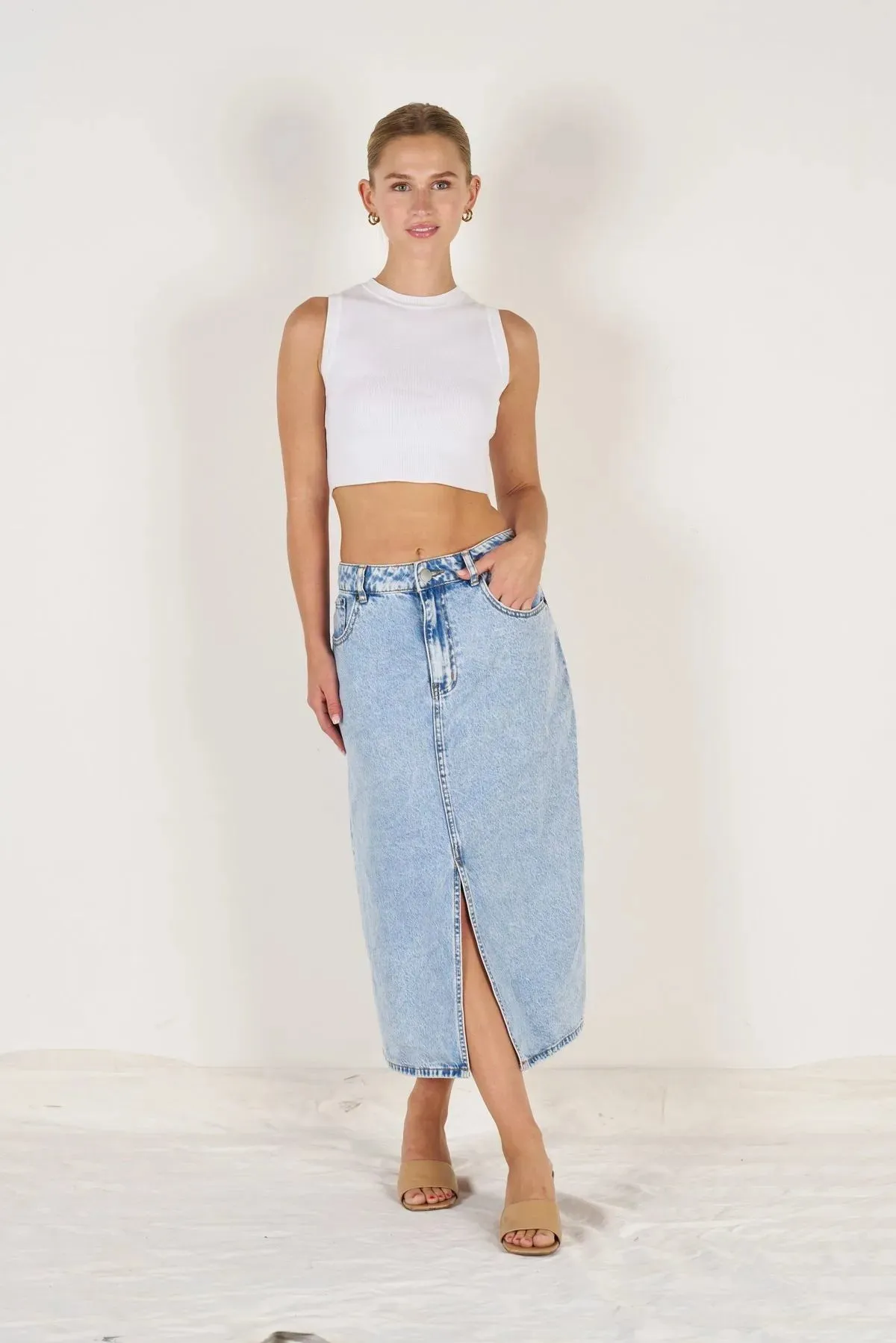 DENIM STRETCH MIDI SKIRT