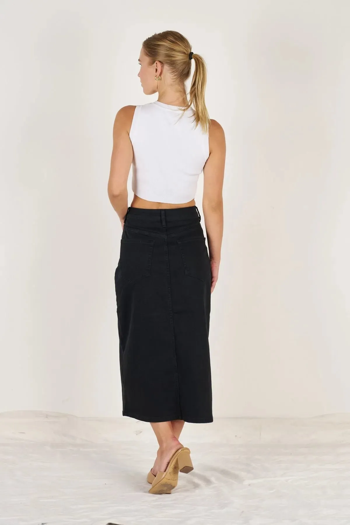 DENIM STRETCH MIDI SKIRT