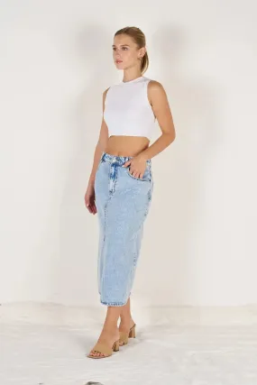 DENIM STRETCH MIDI SKIRT