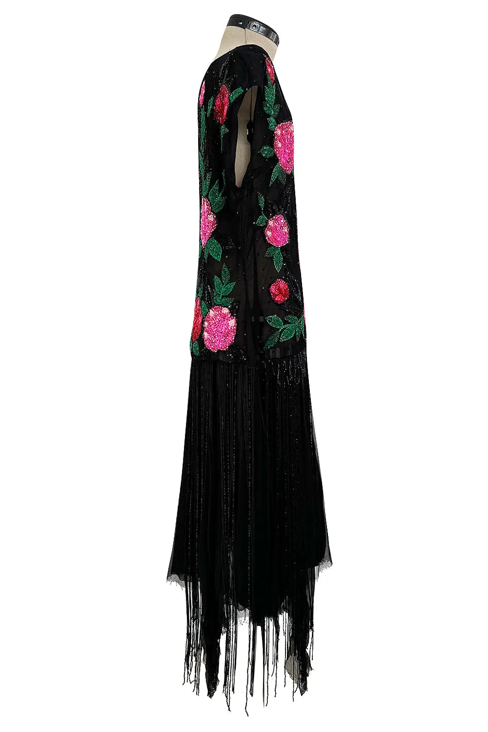 Dreamy Spring 2002 Blumarine Runway Black Silk Net & Chiffon Floral Sequin & Bead Dress