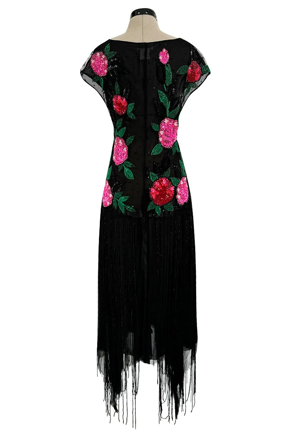 Dreamy Spring 2002 Blumarine Runway Black Silk Net & Chiffon Floral Sequin & Bead Dress