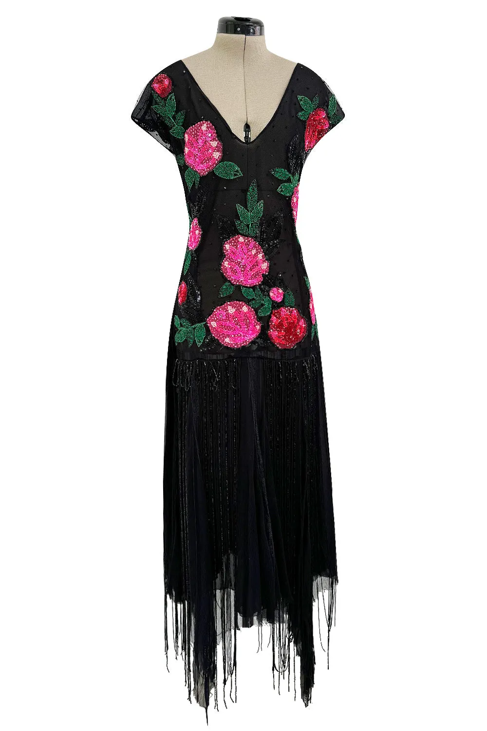 Dreamy Spring 2002 Blumarine Runway Black Silk Net & Chiffon Floral Sequin & Bead Dress