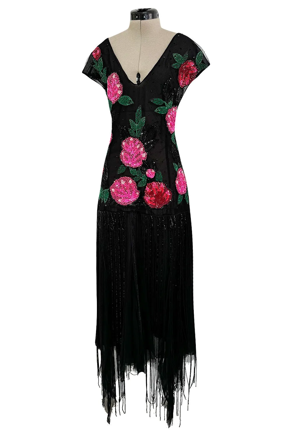 Dreamy Spring 2002 Blumarine Runway Black Silk Net & Chiffon Floral Sequin & Bead Dress