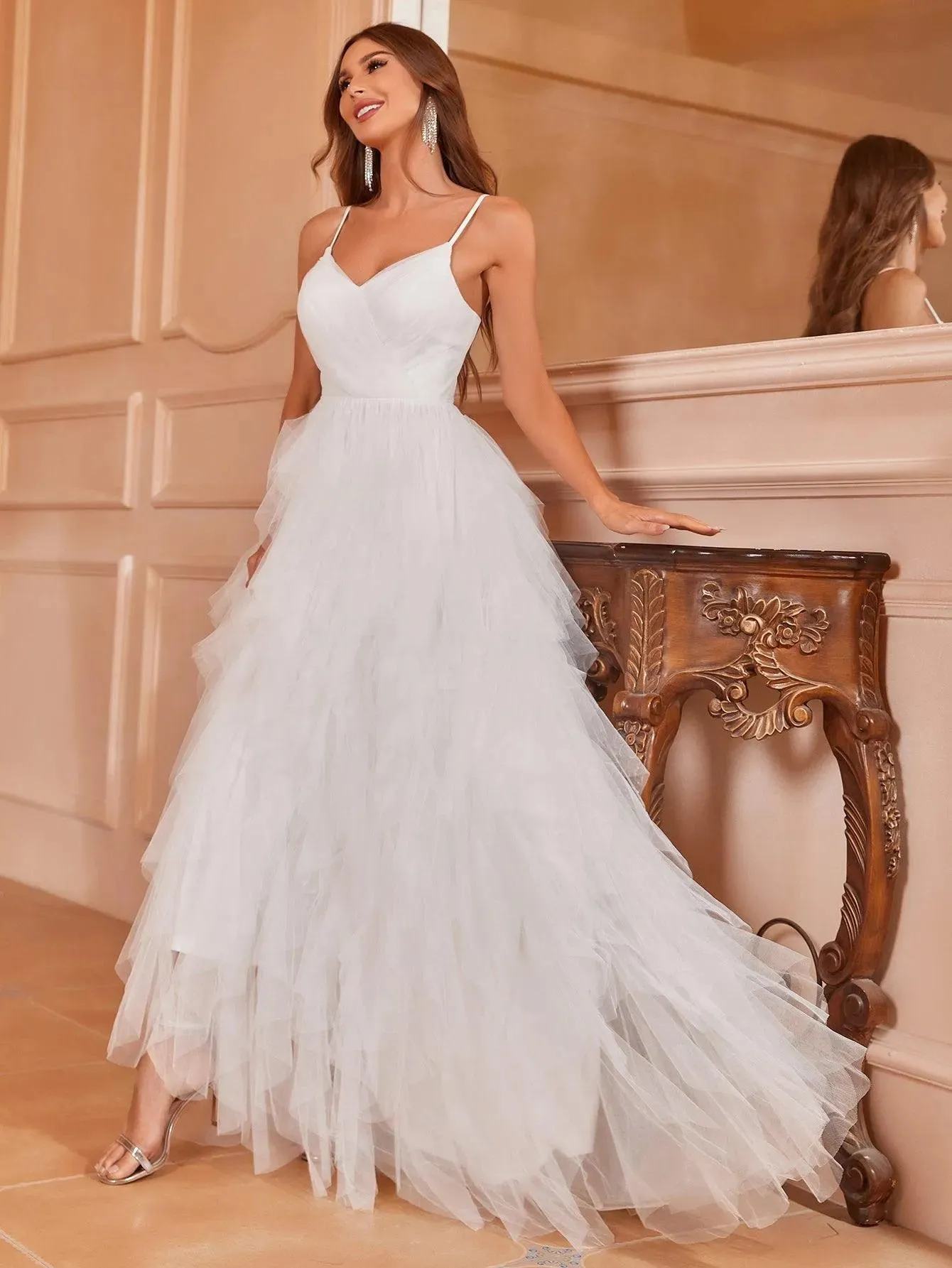 Elegant V Neck Mesh Overlay Cami Wedding Dress