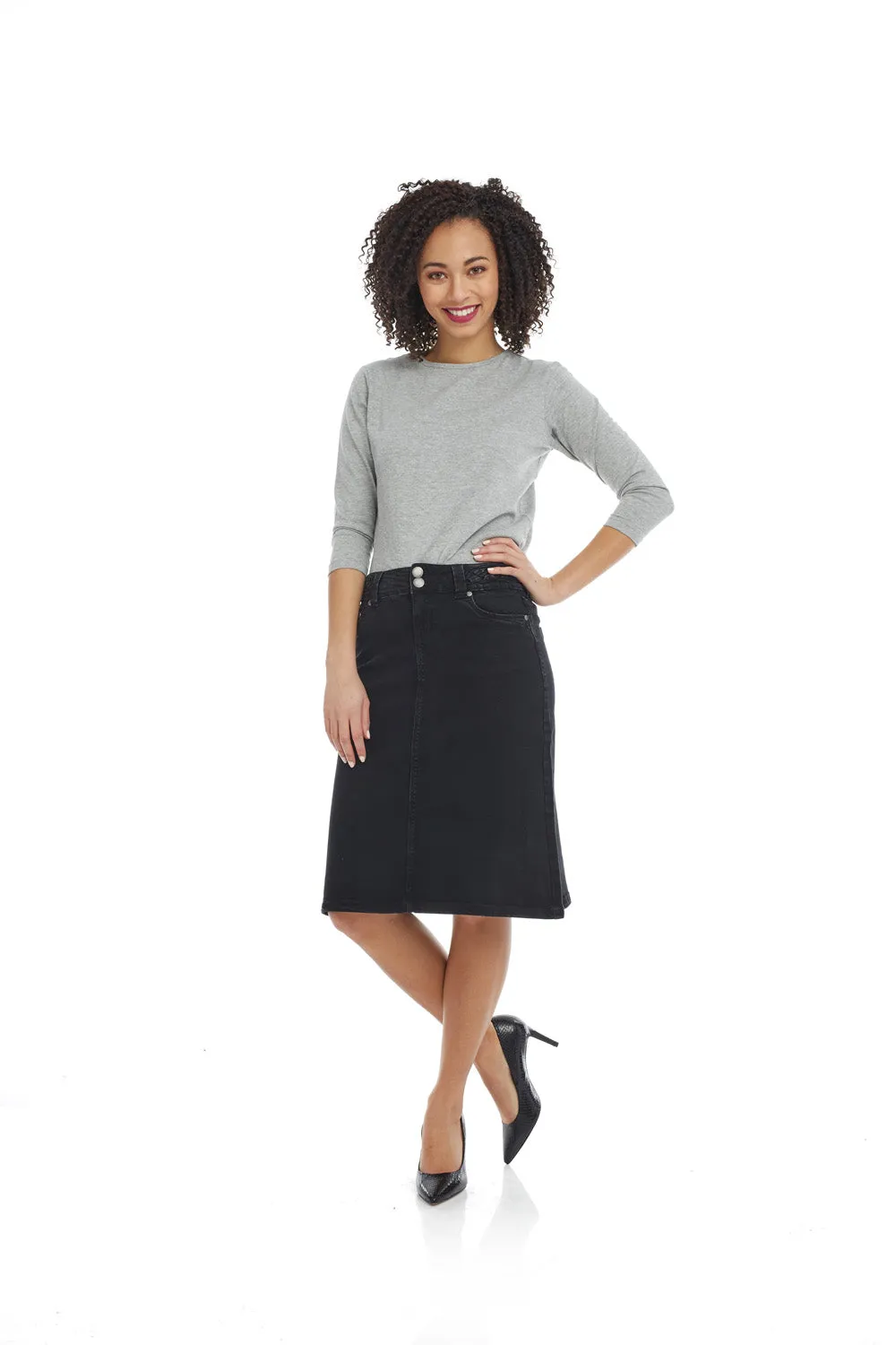 Esteez SYDNEY Denim Skirt - Modest Below the Knee A-line Jean Skirt for Women - BLACK