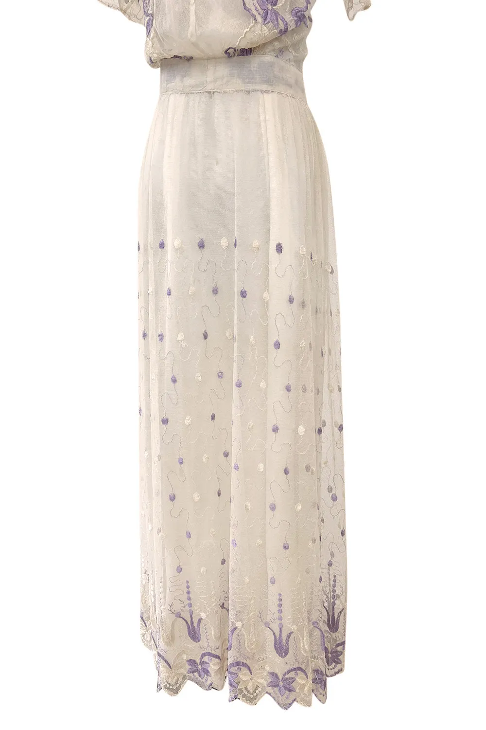 Ethereal 1930s Ivory Silk Tulle Net Dress w Pale Lavender & Cream Floral Embroidery