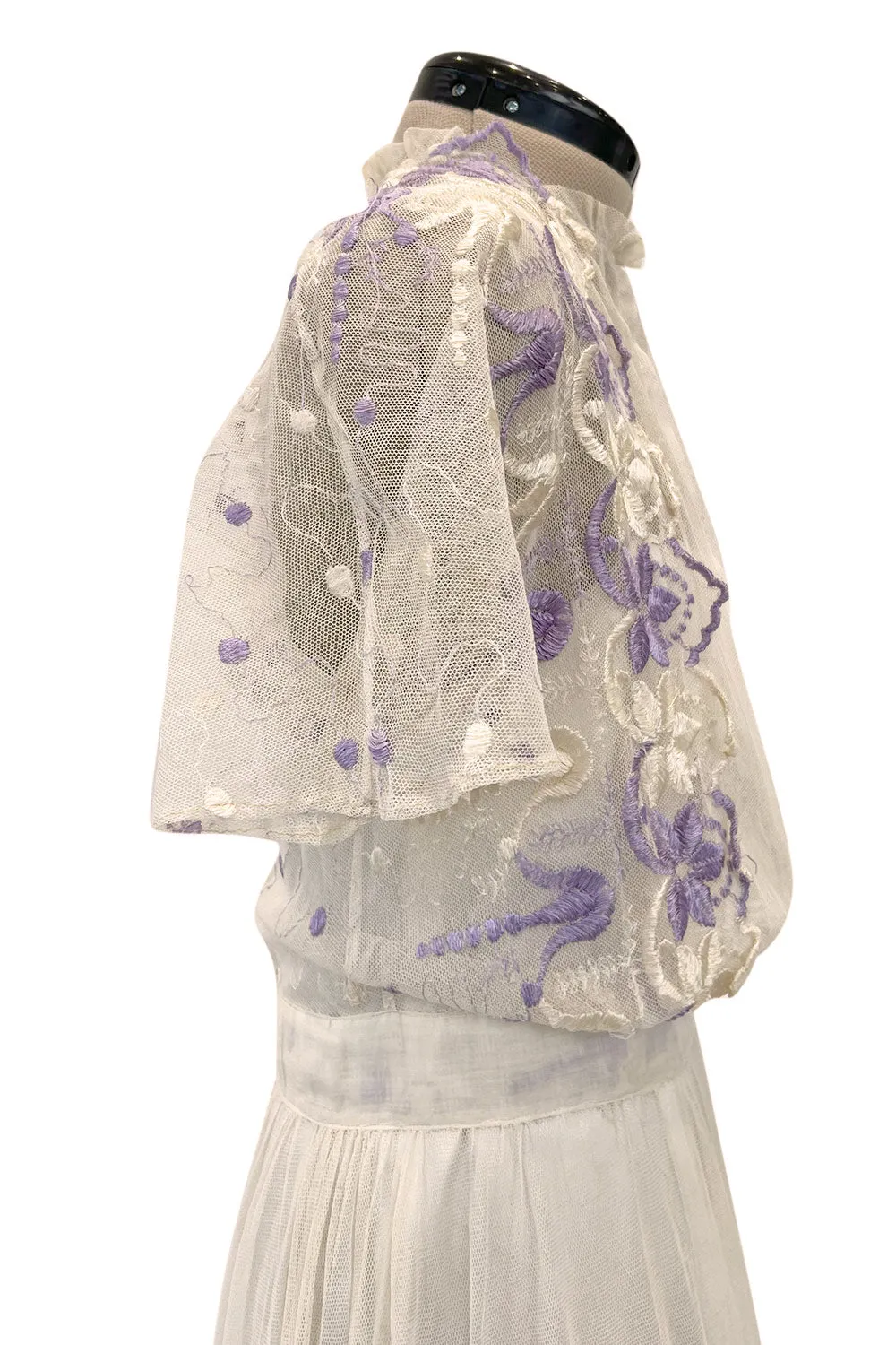 Ethereal 1930s Ivory Silk Tulle Net Dress w Pale Lavender & Cream Floral Embroidery