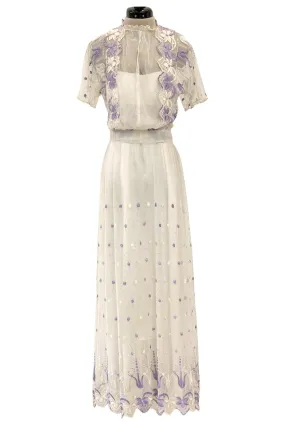 Ethereal 1930s Ivory Silk Tulle Net Dress w Pale Lavender & Cream Floral Embroidery