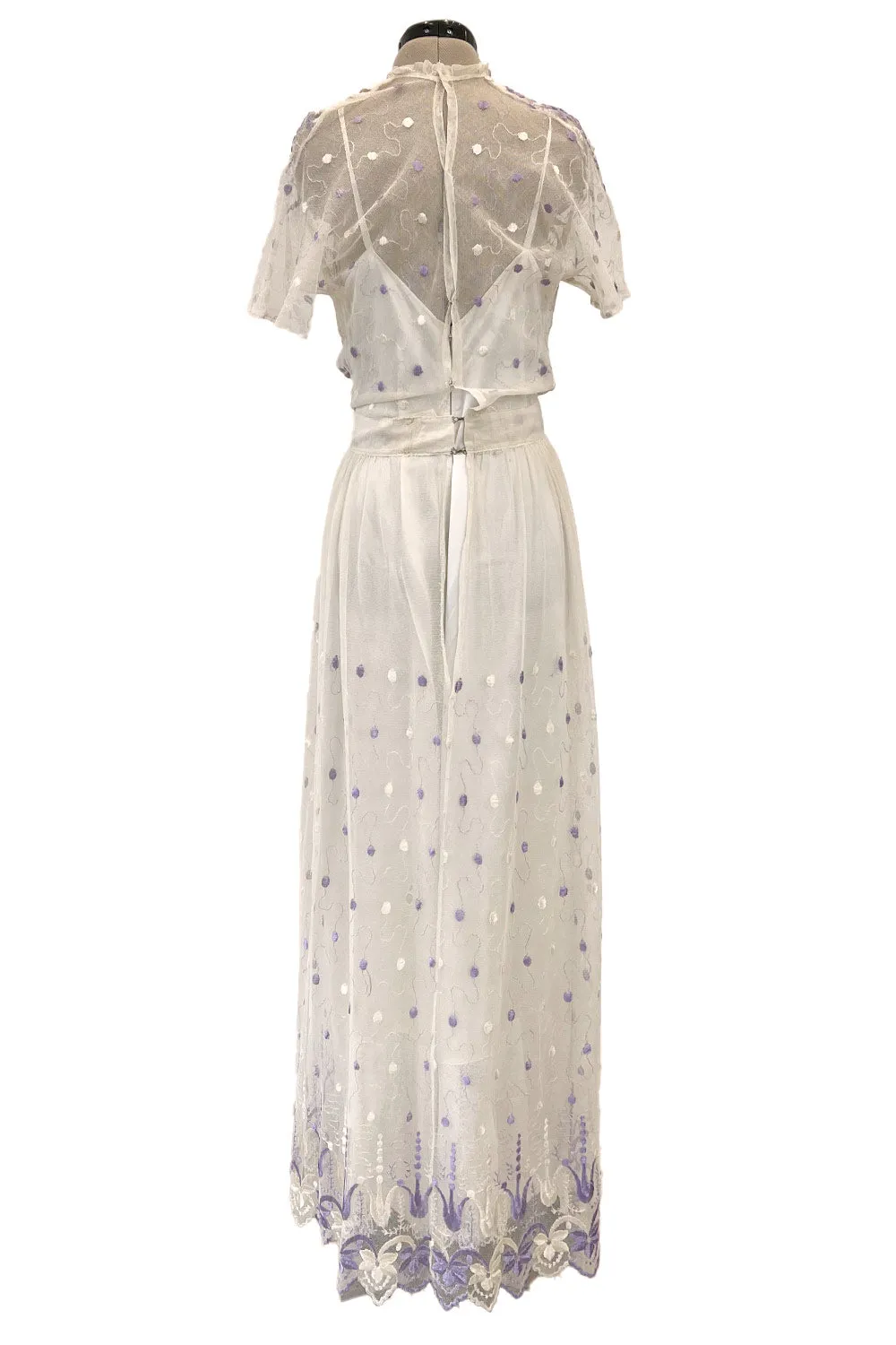 Ethereal 1930s Ivory Silk Tulle Net Dress w Pale Lavender & Cream Floral Embroidery