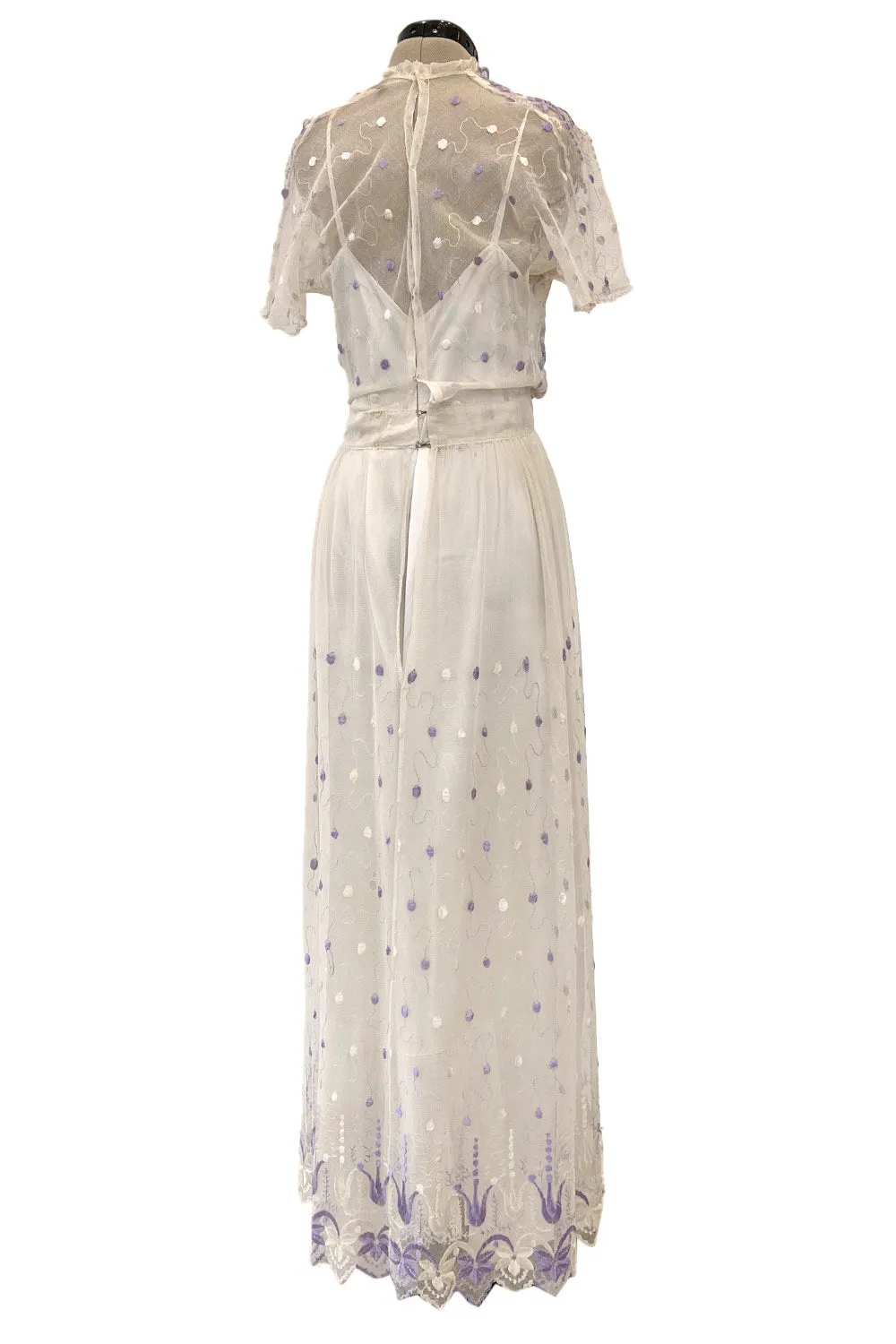 Ethereal 1930s Ivory Silk Tulle Net Dress w Pale Lavender & Cream Floral Embroidery